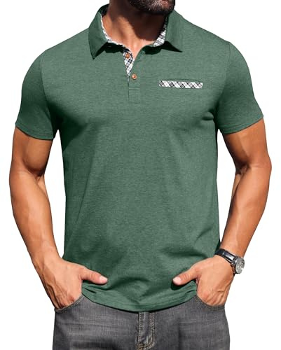 Hisir pikétröja, herr, kortärmad, bomull, stretch, pikétröja, skjorta med rutig krage och bröstfickdetalj, sommar, avslappnad t-shirt för män, affärer, fritid och golf