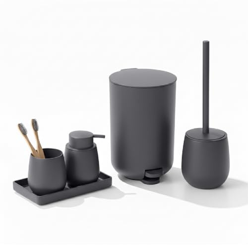 IlGruppone Set Accessori Bagno 6 Pezzi in ABS Completo – Pattumiera con Pedale, Scopino WC, Dispenser Sapone, Porta Spazzolini, Bicchiere e Vassoio Antiscivolo Design Moderno e Resistente - Grigio