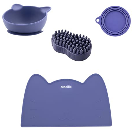 Set pour Chat avec Brosse en Silicone, gamelle, Tapis et Couvercle, Bleu | Accessoires en silicone pour chiens et chats, résistants, souples, faciles d'entretien, de haute qualité, polyvalents