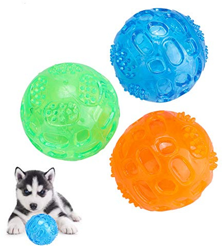 Pssopp Balles à Mâcher TPR pour Chien, 3 Pièces, Caoutchouc, Couleurs Vives, Jouets Interactifs Couineurs pour Petits et Moyens Chiens