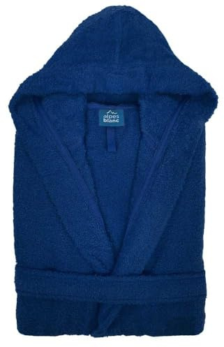 Alpes Blanc Peignoir de bain mixte à capuche 100% coton éponge bouclette 450g/m² - Absorbant, doux et confortable – Ceinture et poches