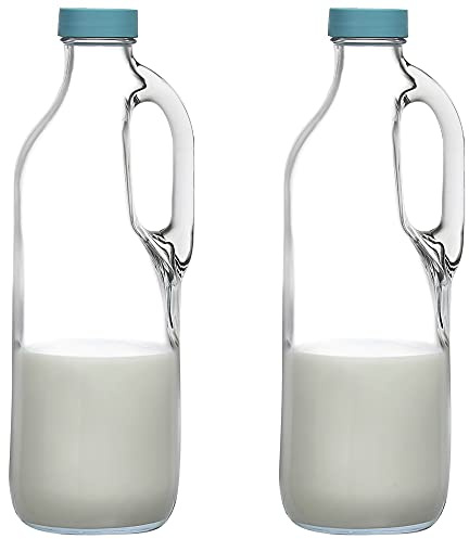 2 Pc 47oz Clear Glass Pitchers with Handles and Lids - Airtight Refrigerator Water Juice Jugs for Kitchen