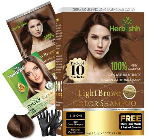Herbishh Hair Color Shampoo for Gray Hair–Natural Hair Dye Shampoo with Argan Hair Mask–Travel size-Colors Hair in Minutes–Long lasting colour–10pack+1pack–Ammonia-Free (Light Brown)