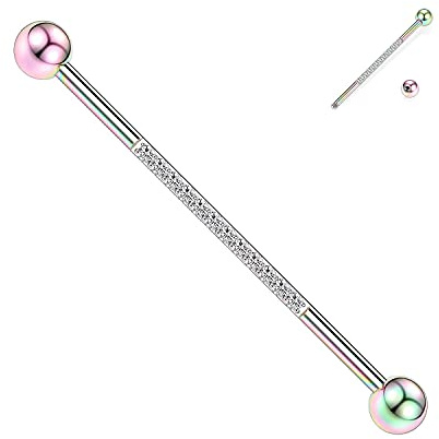 14G Piercing industriel en acier chirurgical, barre en treillis de 38 mm de long avec pierre CZ, piercing en cartilage pour oreille en forme de barre en spirale pour femmes et hommes, 1.6 mm, Métal