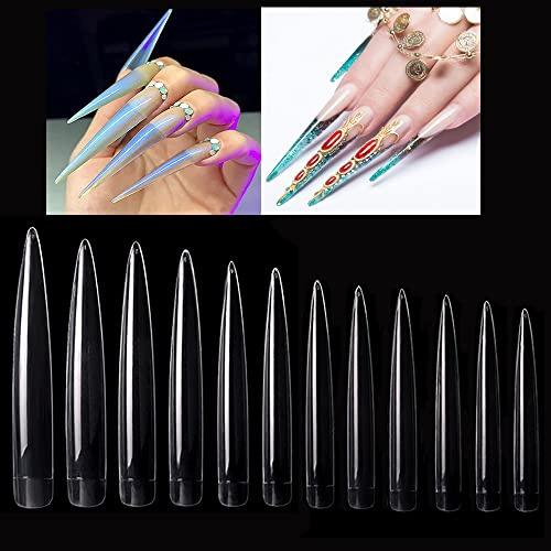 Mwoot 120 Pezzi Extra Lungo Unghie Finte stiletto, Fake False Nail Tips, 12 taglie di unghie artificiali acrilico finte per saloni di unghie e nail art fai da te (Trasparente)