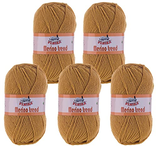 5 x 100g Strickgarn Merino trend 49% Merino-Wolle Strickwolle Wintergarn Handstrickgarn, Farbe:106 senfgelb