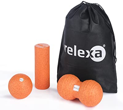 Relexa Faszien Set MINI; 4-teiliges Ganzkörper Trainingskit; mit Faszienrolle; Twinball & Faszienball; flächige und punktuelle Selbstmassage; inkl. Faszien-eBook; in versch. Farben (orange)