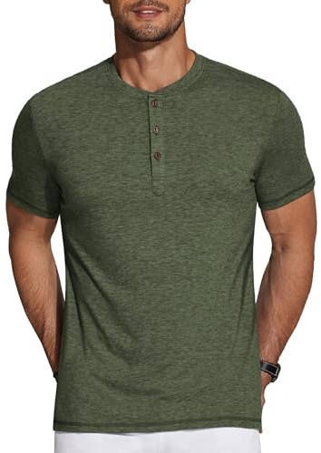 COOFANDY Men's Henley Short Sleeve Shirts Casual Button Henley Basic Tee Solid Fashion Shirts Dark Green