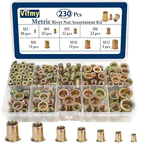 Kit assortimento di rivetti filettati metrici Vifmy (230 pezzi), M3 M4 M5 M6 M8 M10 M12 Set di rivetti filettati a testa piatta, inserti filettati in acciaio al carbonio con finitura zincata