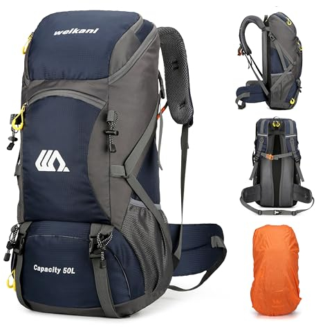 Mingfuxin Wanderrucksack 50L, Herren Damen Wasserdichter Trekkingrucksack Reiserucksack Outdoor Wandern Rucksack Mit Regenabdeckung, Backpacker rucksack Für Wandern, Bergsteigen, Camping, Reisen Sport