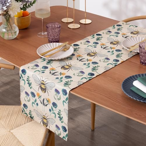 Wylder Wild Garden Table Runner – Washable Classic Country Floral Bumblebee Quick Drying Dining Table Decoration (Multicoloured - 220x35cm)