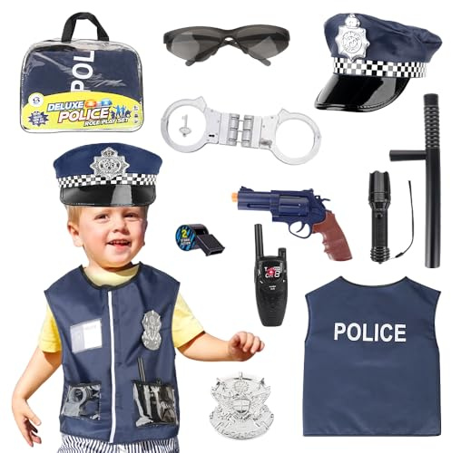 Lotvic Costume Poliziotto Bambino, Polizia Costume per Bambini con Walkie Talkie Distintivo del Poliziotto Occhiali da Sole, Set di Travestimenti Della Polizia per Cosplay Della Festa di Carnevale