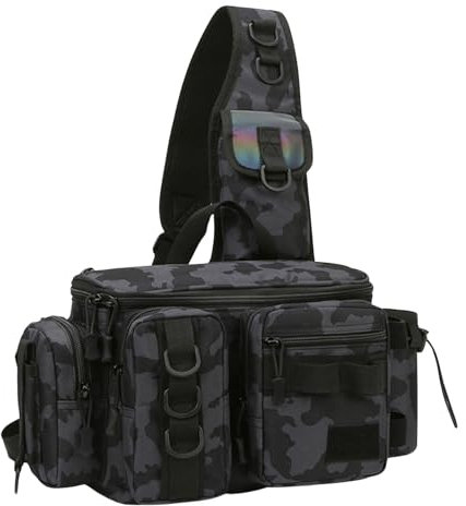 Dokeno Sling Angeltasche, Umhängetasche zum Angeln, Schwarz Tasche Wasserdicht für Angelzubehör, Angelausrüstung, Verschleißfest Crossbody Bag für Outdoor Wandern Angeln Camping Jagd