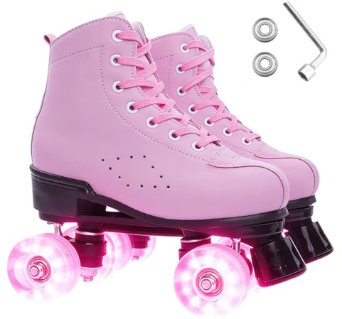 ERNAN Roller Skates for Girl Women Light Up High Top Double Row Adjustable PU Skates Shoes for Kid Beginner Indoor Outdoor (Pink, 38=UK5.5)
