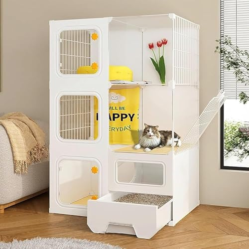 Grande gabbia per gatti da interno, casa per animali domestici di piccola taglia, con lettiera per gatti chiusa, scala, grande capacità, design a strati, facile da pulire A (dimensioni: 71 x 46 x 106