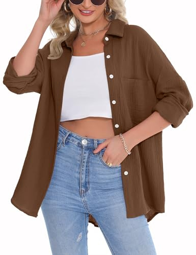 Aottori Camicetta Donna Cotone Camicia con Scollo a V Blusa a Maniche Lunghe Elegante Top Tinta Unita Ufficio Casual Marrone XL
