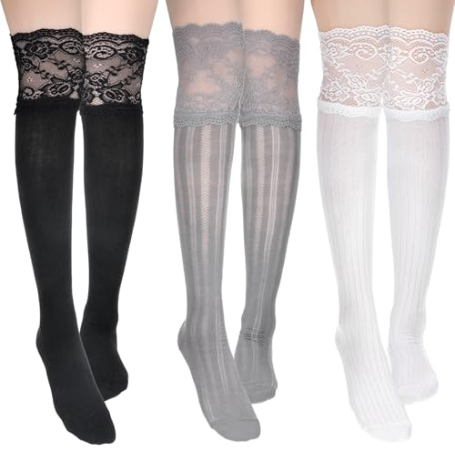 Josojoou 3 par knästrumpor för kvinnor med spets spets spets strumpor lång overknee Kawaii Lolita spets strumpor för halloween cosplay oktoberfest (svart, vit, grå)