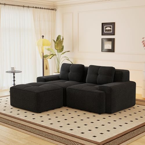 Yihomfy Canapé d'angle Modulaire Désossé, Velours côtelé Canapé 2 Places avec Tabouret, Configuration Libre, Loveseat Small Canapé de Salon, sans Montage (Noir, 2 Sièges + 1 Tabouret)