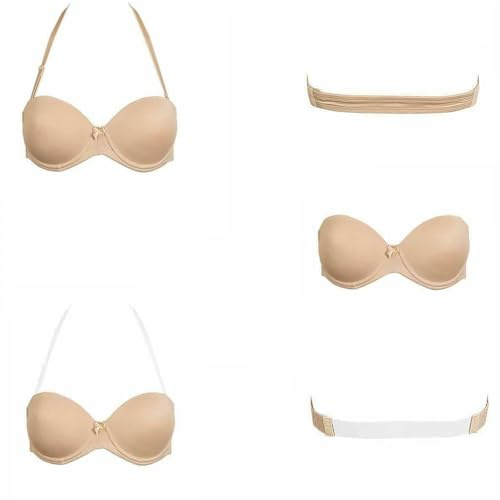 Plusexy Strapless Bra with Cear Straps and Back Push Up Halter Convertible Backless Bras for Women Nude 34C