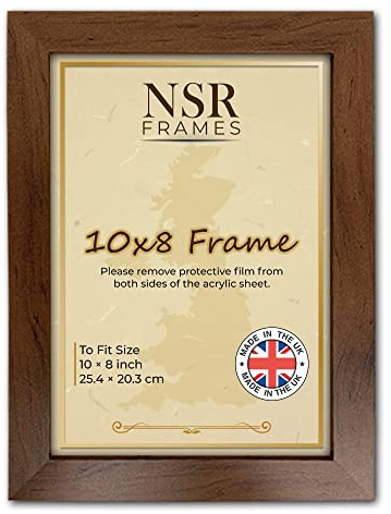 10 x 8 Inch Walnut Picture Photo Frame (25.4x20.3 cm) - Flat Wall Mount Hang Hooks & Free Tabletop Stand Poster MDF Wooden Portrait/Panoramic Clear Acrylic Display
