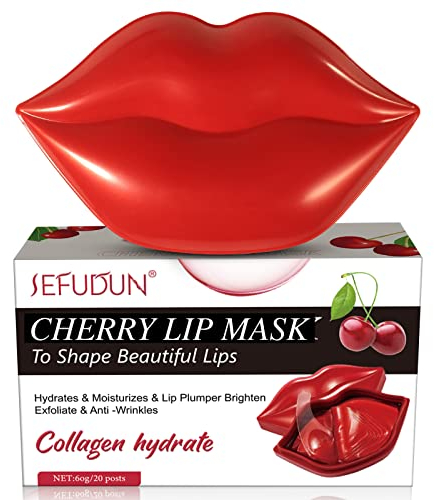 Lip Mask, Collagene Maschera per le Labbra Idratanti Anti-invecchiamento, 20Pcs Maschera per Dormire per Labbra per la Cura delle Labbra, Adatto a Labbro a Secco e Crepe (Ciliegia)