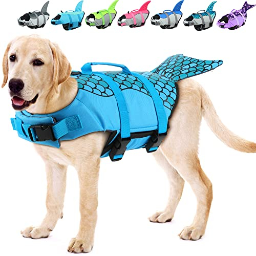 EMUST Dog Life Vest, Dog Life Jacket for Small, Medium, Large Dogs with Rescue Handle Flotation Vest Safety Lifesaver for Swimming Pool Beach Boating Water, BlueMermaid, S