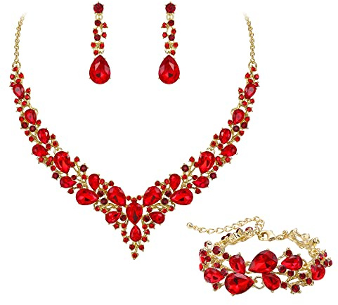 EVER FAITH Gioielli da Sposa per Donna, Collana di Cristallo Goccia austriaca, Orecchini Pendenti, Bracciale con Lacci Rosso Oro Fondo