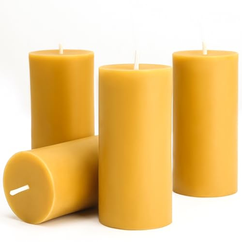 Natural Beeswax Candles 4 Packs, Beeswax Pillar Candles with 140 Hours Burn Time, Organic Emergency Candle Long Burning for Home Room, Smokeless & Dripless, 2x4 inch