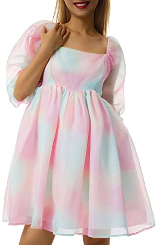 Edhomenn Tulle Princess Dress - Women's Short Puff Sleeves, Big Hem, Square Collar, Tie-Dyed Printing, Bubble Party Dress (Multicolor, L)