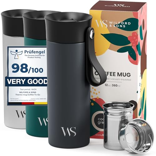 Taza Térmica para Llevar, Termo Café de Viaje con Correa de Transporte y Infusor de Té | Acero Inoxidable 360ml | Sin BPA, Antigoteo, Reutilizable, Aislamiento al Vacío de Doble Pared para Té Caliente