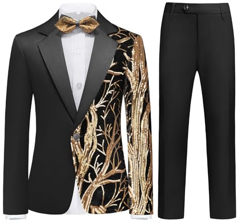 RINFAM Boys Formal Tuxedo Suit Set Size 12 Gold Sequin Blazer 2 Piece Satin Jacket Black Pants Kids and Teen Boys Dress Outfit