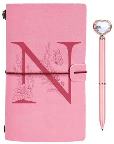 Personnalisé Journal Intime Cadeau, Initiale Carnet de Notes en PU Cuir, Carnet de Voyage Vierge avec Stylo Diamant Coeur, Noel Anniversaire Cadeaux pour Femmes Maman Fille Soeur Meilleure Amie N