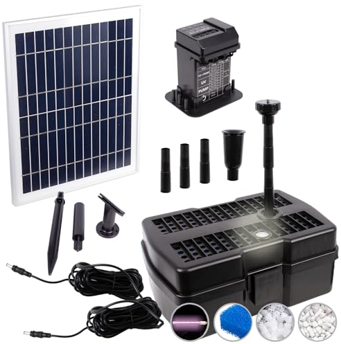 AMUR Fontaine de Bassin Solaire - Kit avec Filtre UV Anti-Algue et Minuterie et Panneau Solaire Stable (Aqua-Vital 12-UV-C)