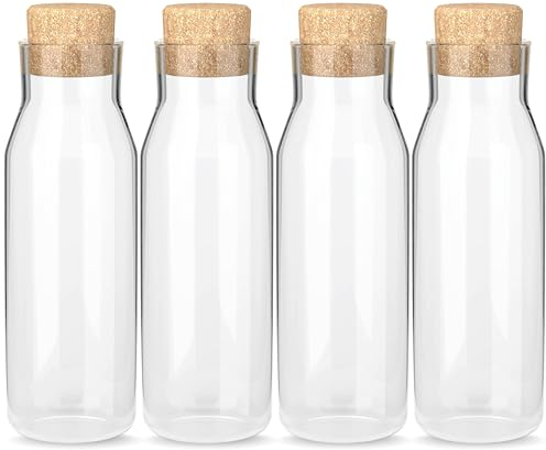 HEFTMAN Paquete de 4 botellas de vidrio de 1 litro con tapa de corcho, botella de vidrio transparente para bebidas calientes y frías, tarros de suavizante de tela reutilizables, botellas de