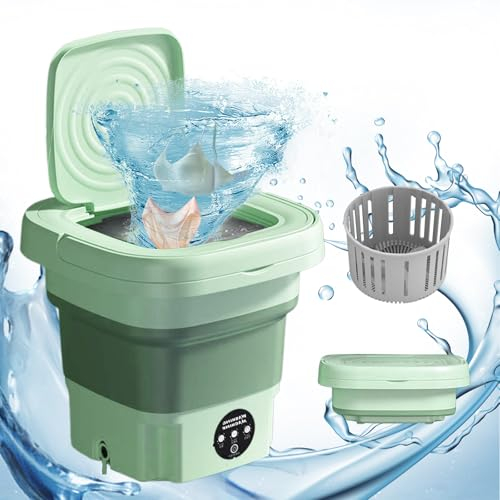 Faltbare Mini Waschmaschine 8L, 2 in 1 Faltbare Tragbare Mobile Washing Machine Klein, Effiziente Kleine Waschmaschine für Babykleidung, Unterwäsche, Camping, Wohnmobile, Geschenke, Reisen (Grün)
