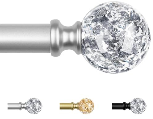 KAMANINA Curtain Poles for Eyelet Curtains 80 to 292 cm, Extendable Silver Curtain Pole with Brackets, 19 mm Diameter Drapery Curtain Rod with Round Translucent Finials