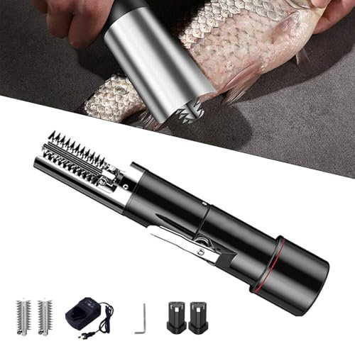 Removedor eléctrico de escamas de pescado eléctrico inalámbrico con 2 cabezales de corte, motor potente impermeable, funcionamiento inalámbrico con 2 baterías