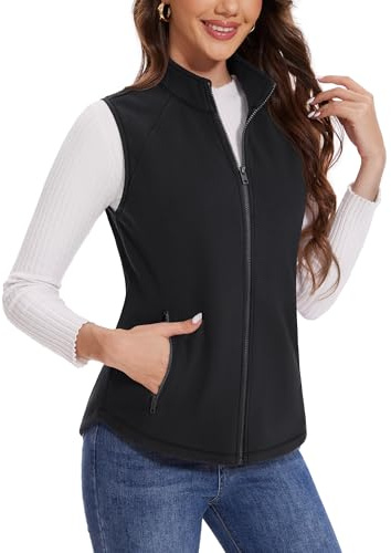 MAGCOMSEN Black Vests Ladies Sleeveless Soft Light Fleece Jackets Outerwear Warm Polar Full Zip Vests with Pockets L