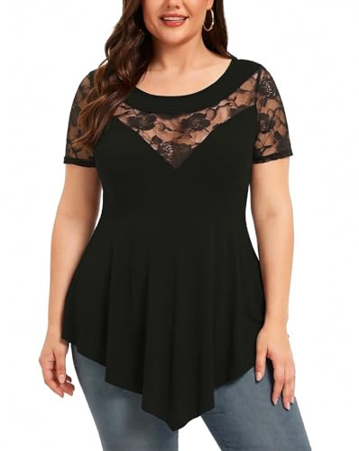 XL-5XL Womens Casual Blouses Plus Size Lace Short Sleeve Crew Neck Tops | XL-5XL Womens Casual Semi Sheer Lace Short Sleeve Blouses Crew Neck Pullover Tunics with Asymmetric Ruffle Peplum Hem Shirts
