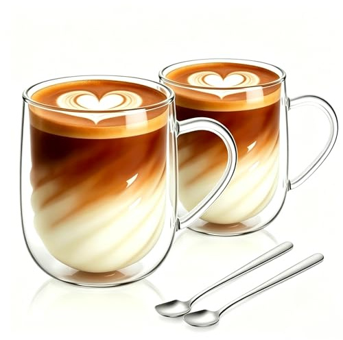 SILRIVES 350ml Double Walled Glass Coffee Cups Set of 2 Cappuccino Latte Macchiato Glasses with Handles Borosilicate Heat Resistant Glass Mugs for Coffee Espresso Tea Hot Chocolate Milk Juice