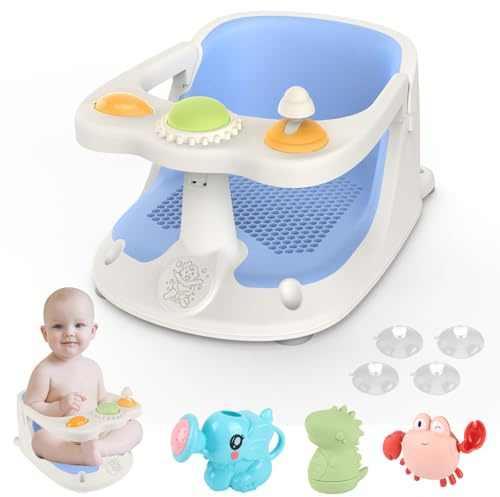 Aragallant Asiento de Baño para Bebé de 6+ meses, Silla Bañera Bebé Antideslizante, Asiento Ducha Bebe con 4 Ventosas, Silla para Ducha de Bebe con Juguetes, Soporte Bañera Bebe (Azul)