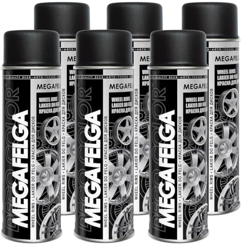 DECO COLOR 6er Sparpack MEGAFELGA 500ml - Felgenlack - Lackspray für Alufelgen und Stahlfelgen (6 Dosen 500ml Felgenlack Schwarz Matt)