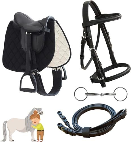 My Sweet Pony® Kinder Shetty Sattel-Set + Trense + Gebiss + Zügel | für Pony Shetty und Holzpferd | Alles enthalten | Komplett-Set | Ideal für erste Reitversuche | Sattel DIN geprüft