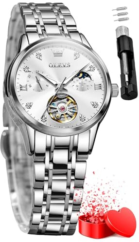OLEVS Ladies Watches Automatic Elegant Mechanical Analogue Fashion Diamond Dress Date Ceramic Stainless Steel Strap Rose Gold Wrist Watch for Women