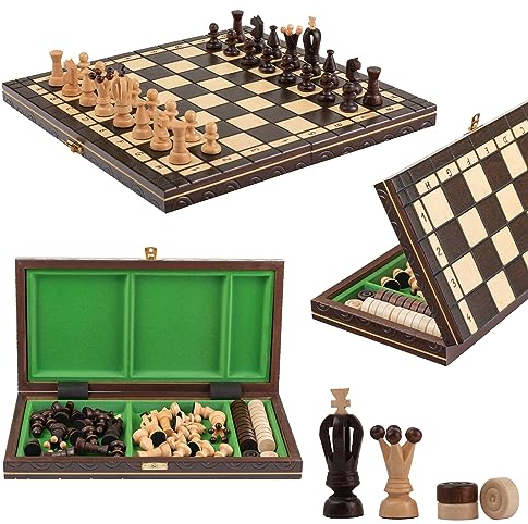 Great Kingdom Schach Spiel und Dame Spiel | Master of Chess Farbe Brune | Chess Set 35cm | Qualität Reise Schachspiel- Handgemachtes Tragbares Schach für Kinder und Erwachsene