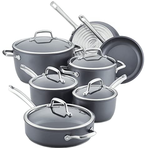 Anolon Accolade Hard-Anodized Precision Forge Cookware Set with Glass Lids, 12-Piece Pot and Pan Set, Moonstone