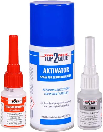 TOP2GLUE Industrie Sekundenkleber Schweissnaht extra stark - hält wie geschweisst - 20g extra starker Cyanacrylat Kleber - 200ml Aktivatorspray Sekundenkleber Granulat (Haushaltspackung)