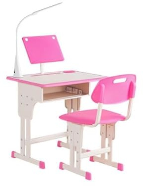 HOMCOM Escritorio Escolar con Silla para niños de 6 a 12 años, Altura Ajustable, lámpara LED, Atril y portalápices, Acero y MDF, Rosa