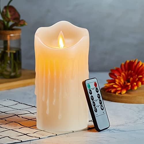 Velas LED Parpadeante Sin Llama Con Mando a Distancia, Efecto Llama Con Temporizador de 24 Horas, Gotas de Cera Real - 15cm Blanco Cálido
