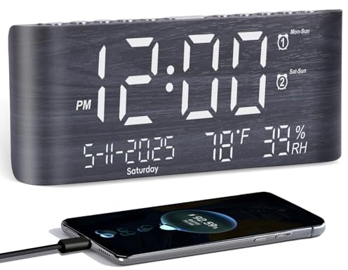 PPLEE 8.7inch Digital Alarm Clock for Bedroom-Digital Clock with Day of Week Month Year Humidity & Temperature Brightness Snooze 2 Alarm Clock & 2 USB Charger Desk Clock for Heavy Sleeper